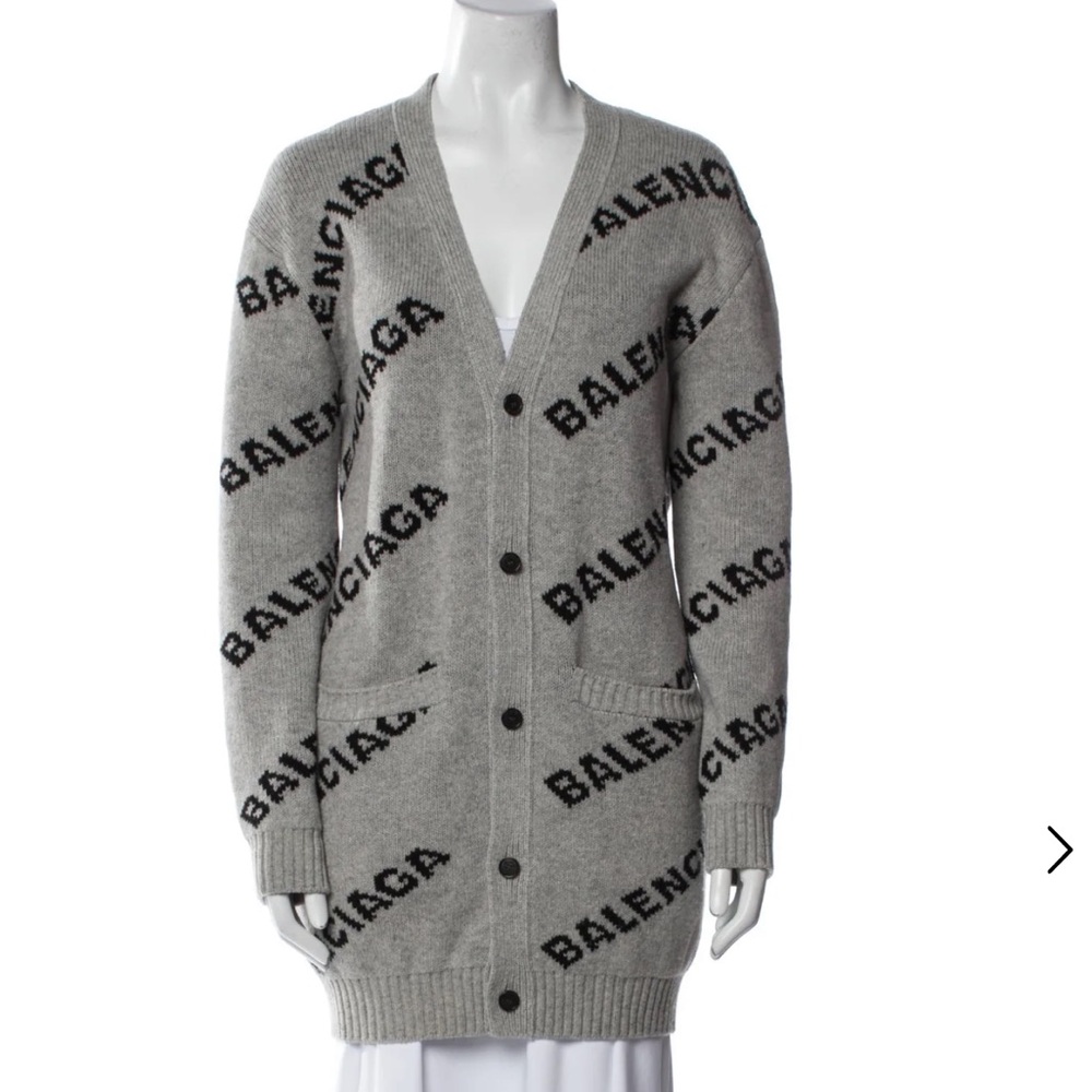 Balenciaga Gray Cardigan Sweater All Over Logo